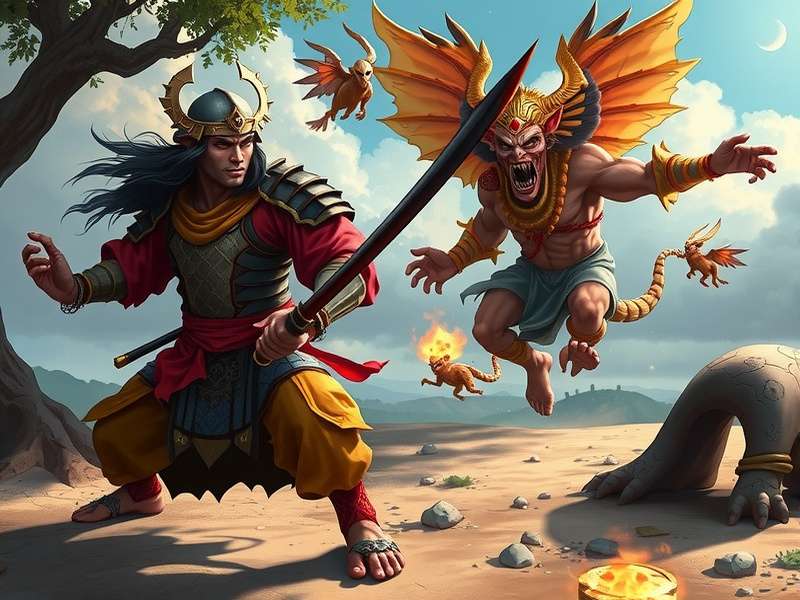 Gameplay screenshot showing samurai fighting Indian demons